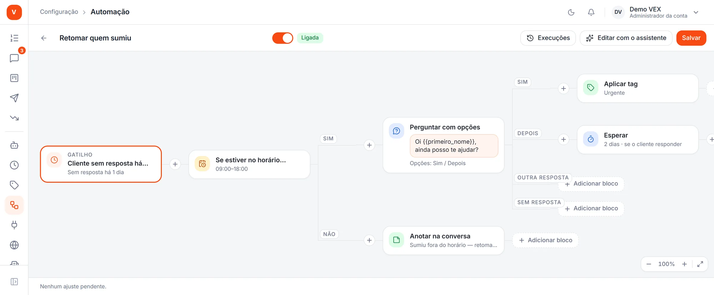 O editor de automações da VEX Sales, com regras de quando, se e então. Conta de demonstração.
