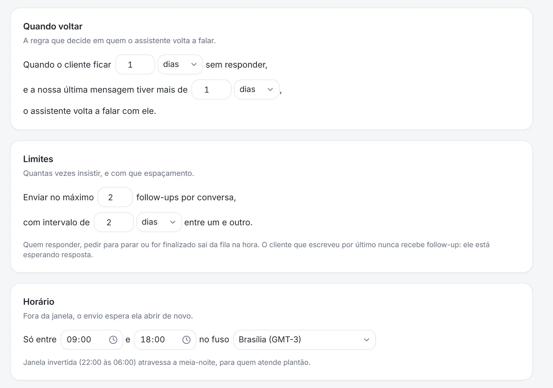 Tela de configuração do follow-up automático com intervalo, horário e número de tentativas