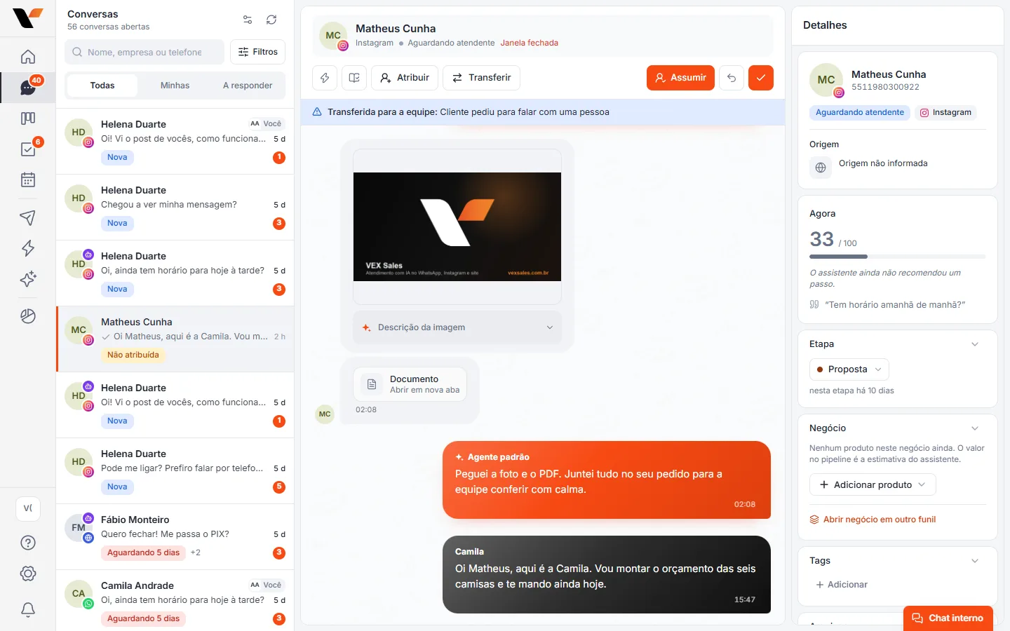 Caixa de conversas da VEX Sales com a fila, a conversa e os detalhes do cliente